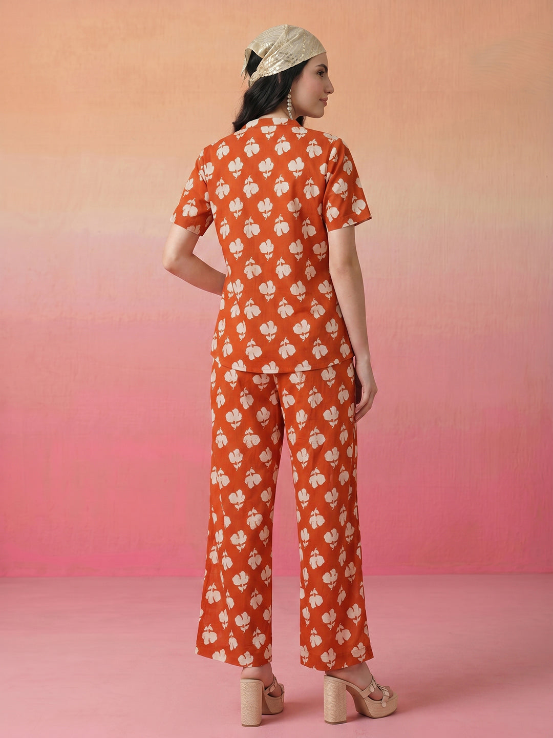 Janasya Orange Straight Cotton Pant Co-ord Sets | Grocsy