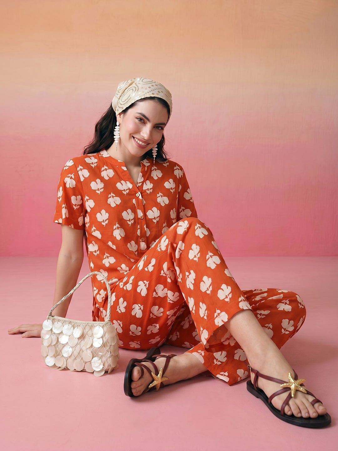 Janasya Orange Straight Cotton Pant Co-ord Sets | Grocsy