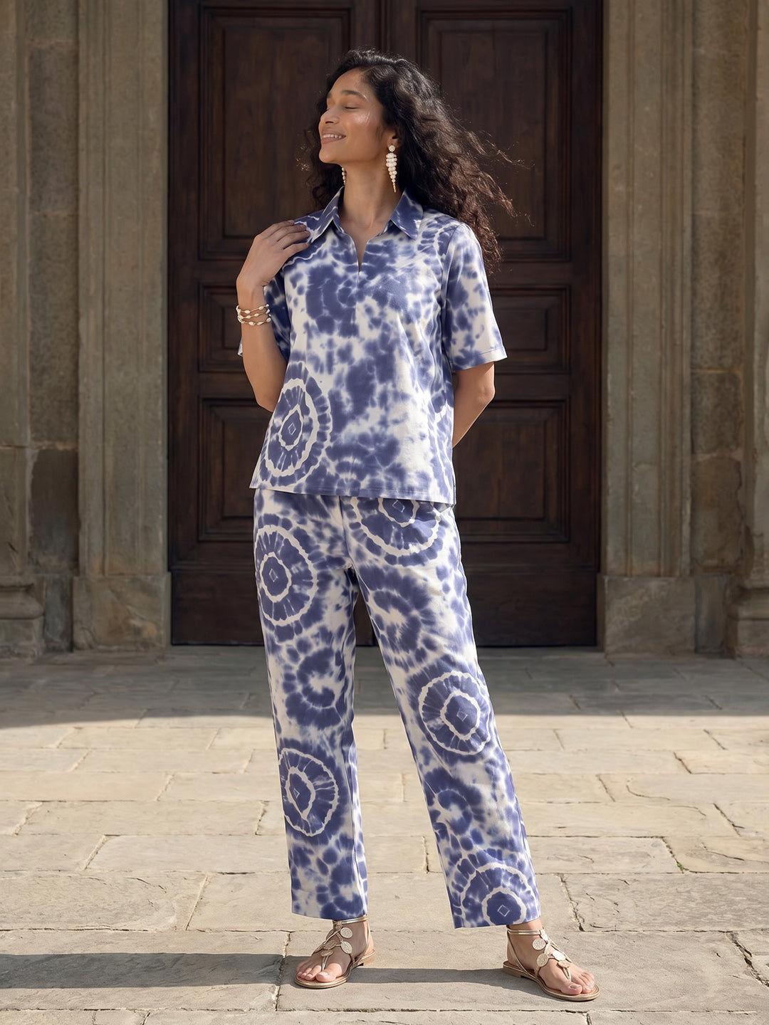 Janasya Navy Blue Straight Cotton Pant Co-ord Sets | Grocsy