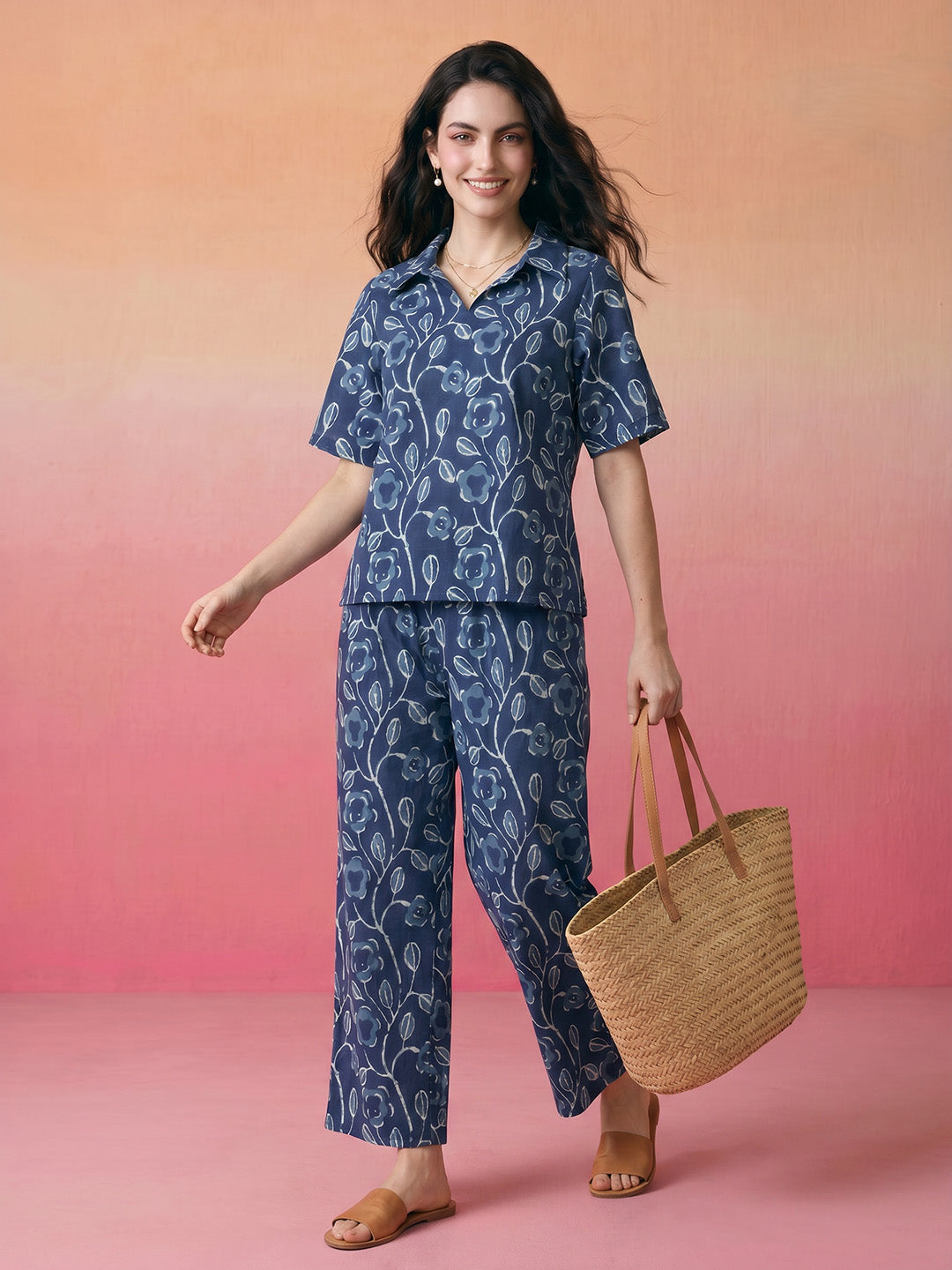Janasya Navy Blue Straight Cotton Pant Co-ord Sets | Grocsy