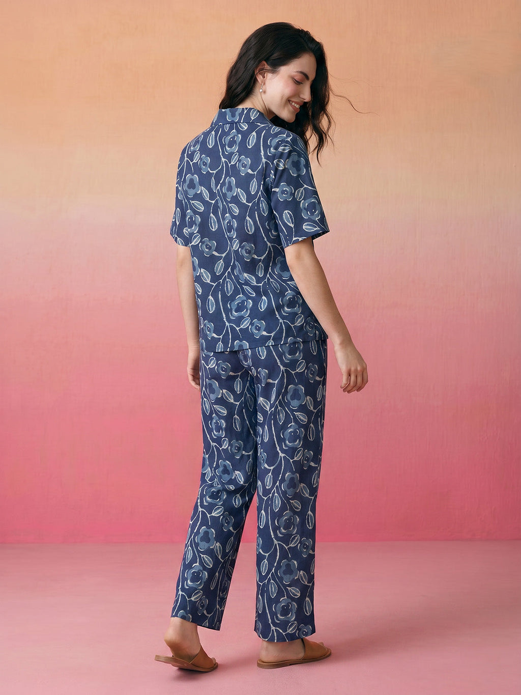 Janasya Navy Blue Straight Cotton Pant Co-ord Sets | Grocsy