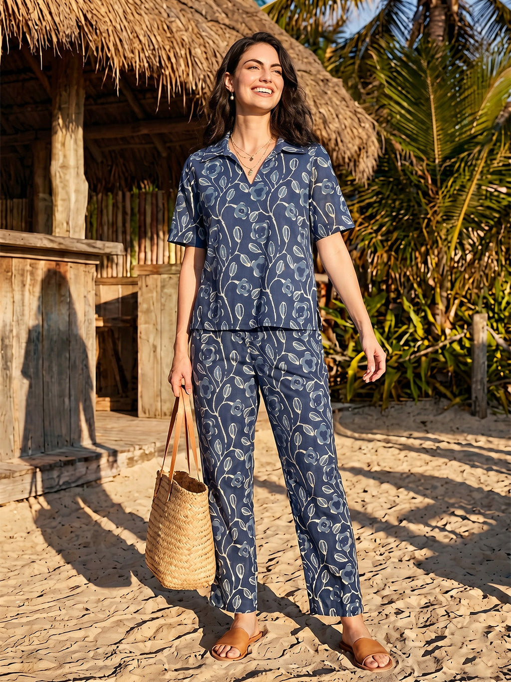 Janasya Navy Blue Straight Cotton Pant Co-ord Sets | Grocsy