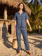 Janasya Navy Blue Straight Cotton Pant Co-ord Sets | Grocsy