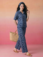 Janasya Navy Blue Straight Cotton Pant Co-ord Sets | Grocsy