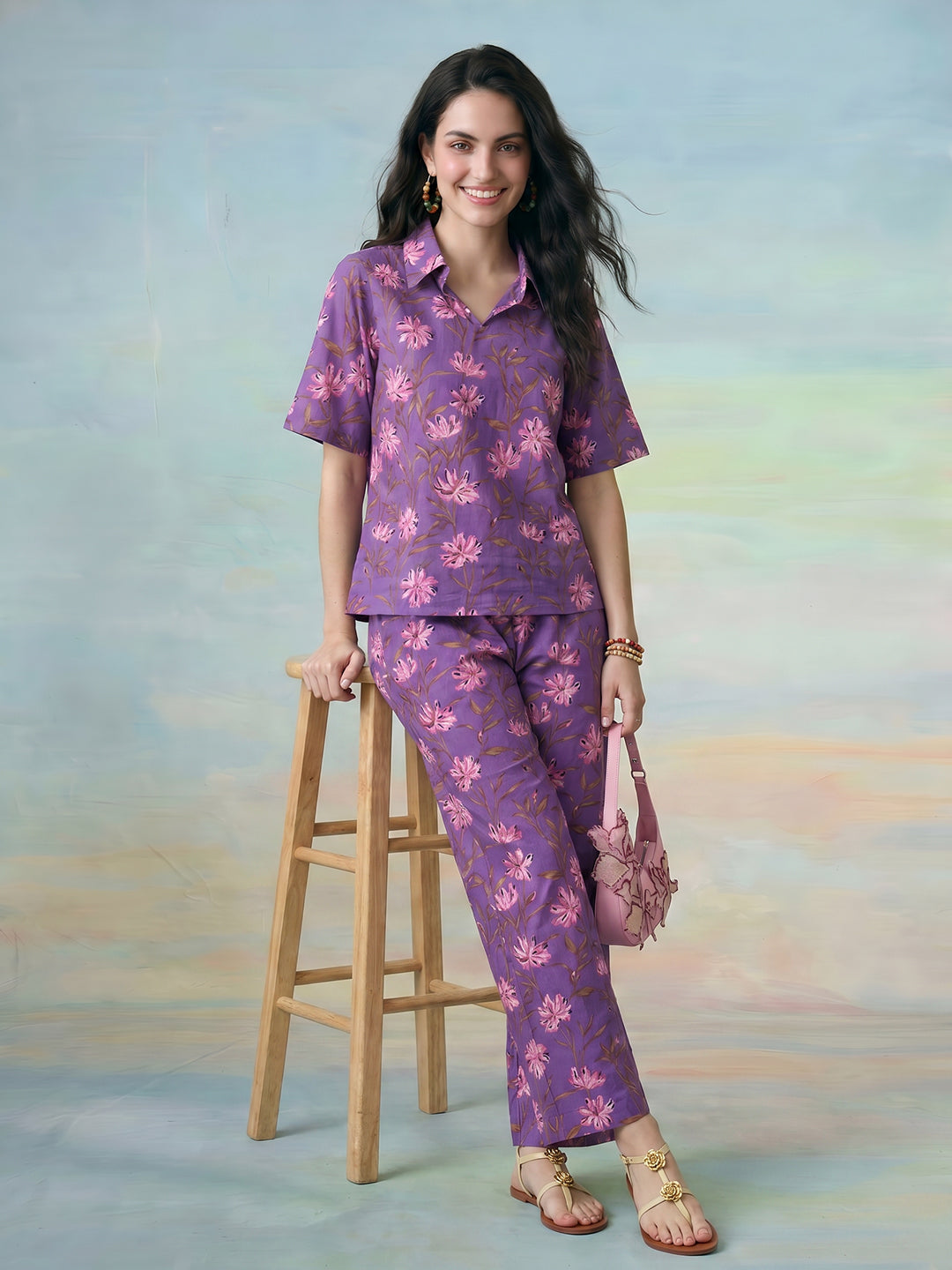 Janasya Purple Straight Cotton Pant Co-ord Sets | Grocsy