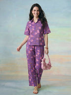 Janasya Purple Straight Cotton Pant Co-ord Sets | Grocsy