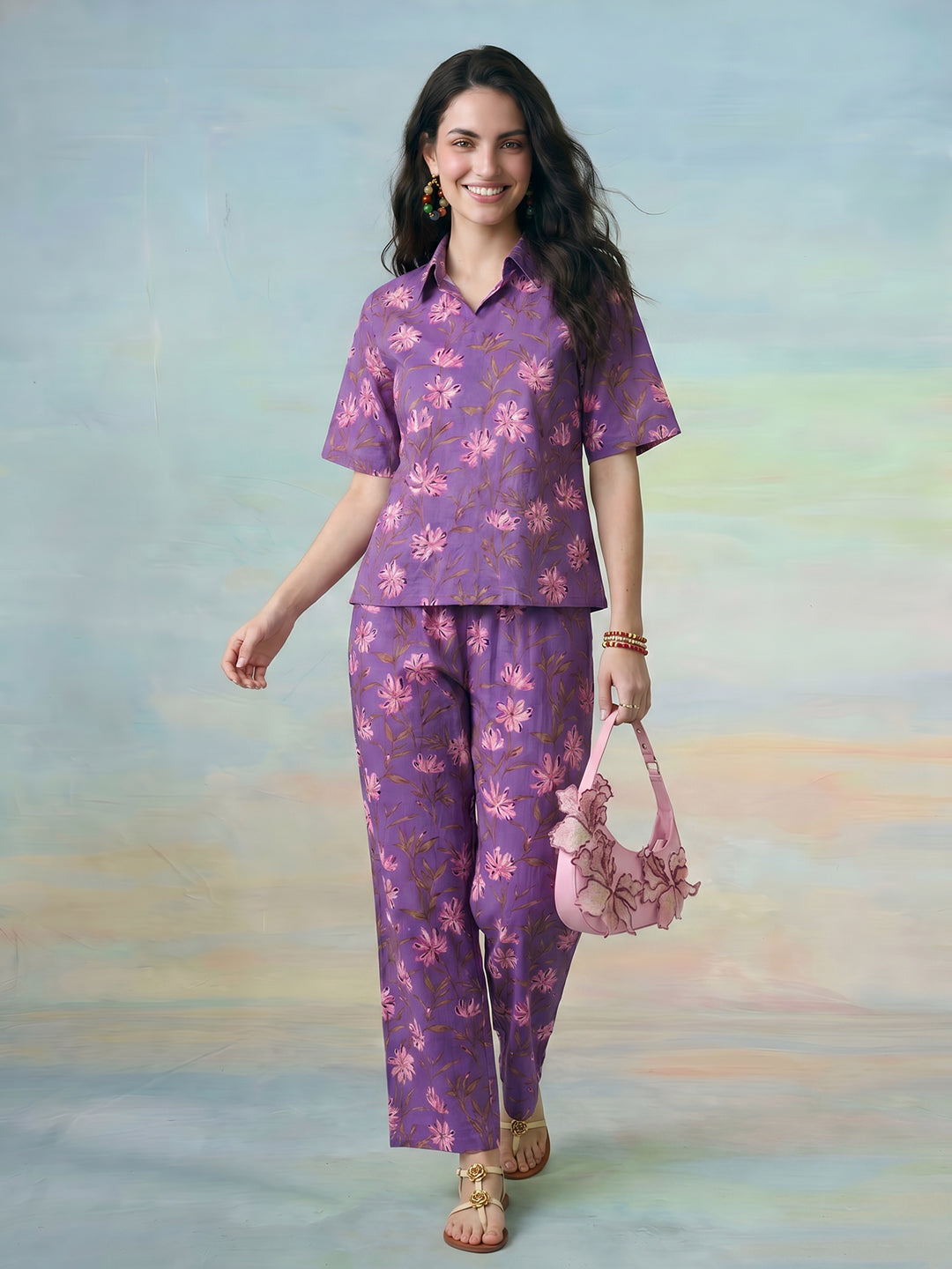 Janasya Purple Straight Cotton Pant Co-ord Sets | Grocsy