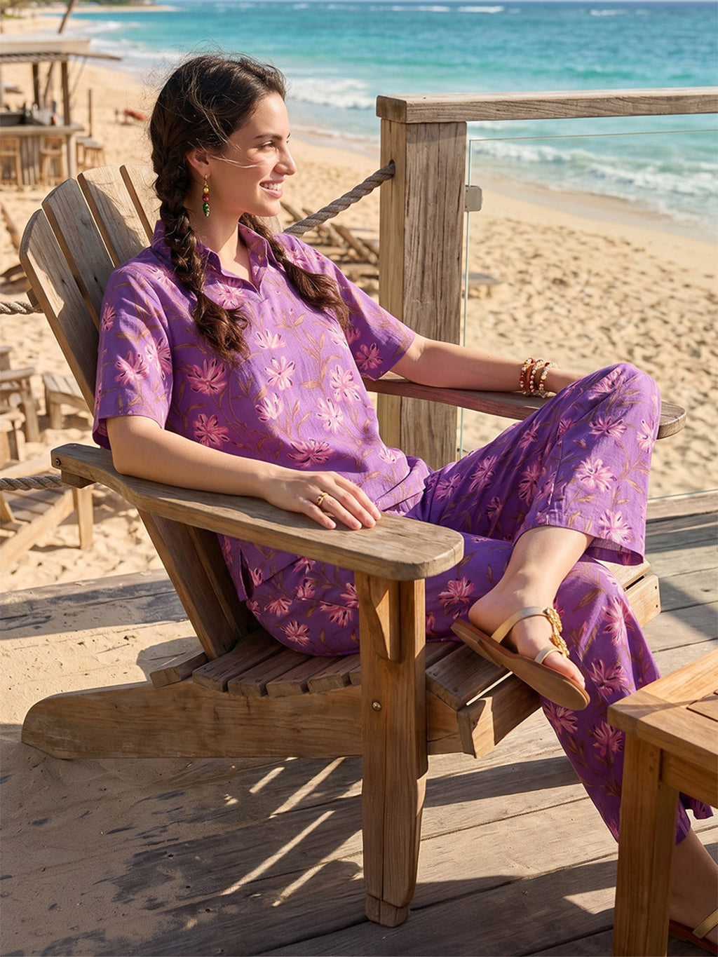 Janasya Purple Straight Cotton Pant Co-ord Sets | Grocsy