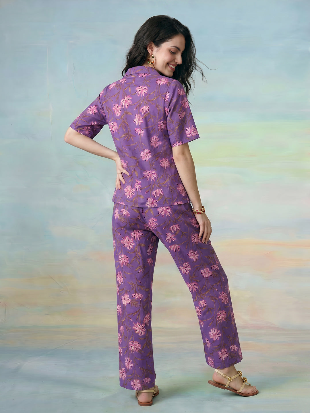 Janasya Purple Straight Cotton Pant Co-ord Sets | Grocsy
