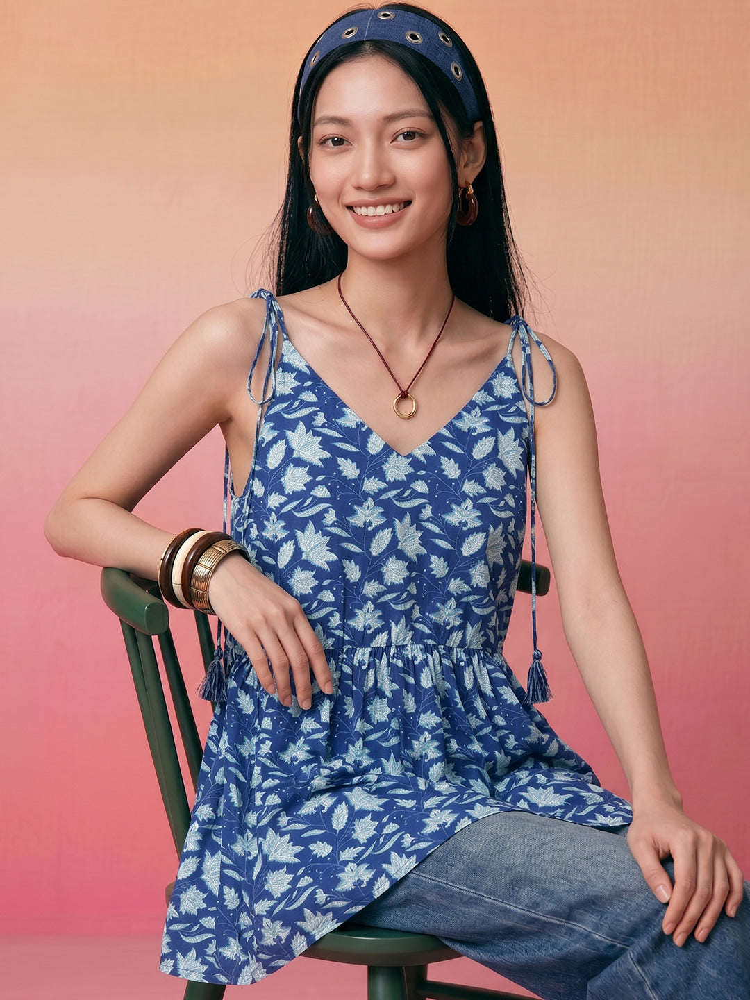 Janasya Navy Blue Peplum Cotton Top | Grocsy