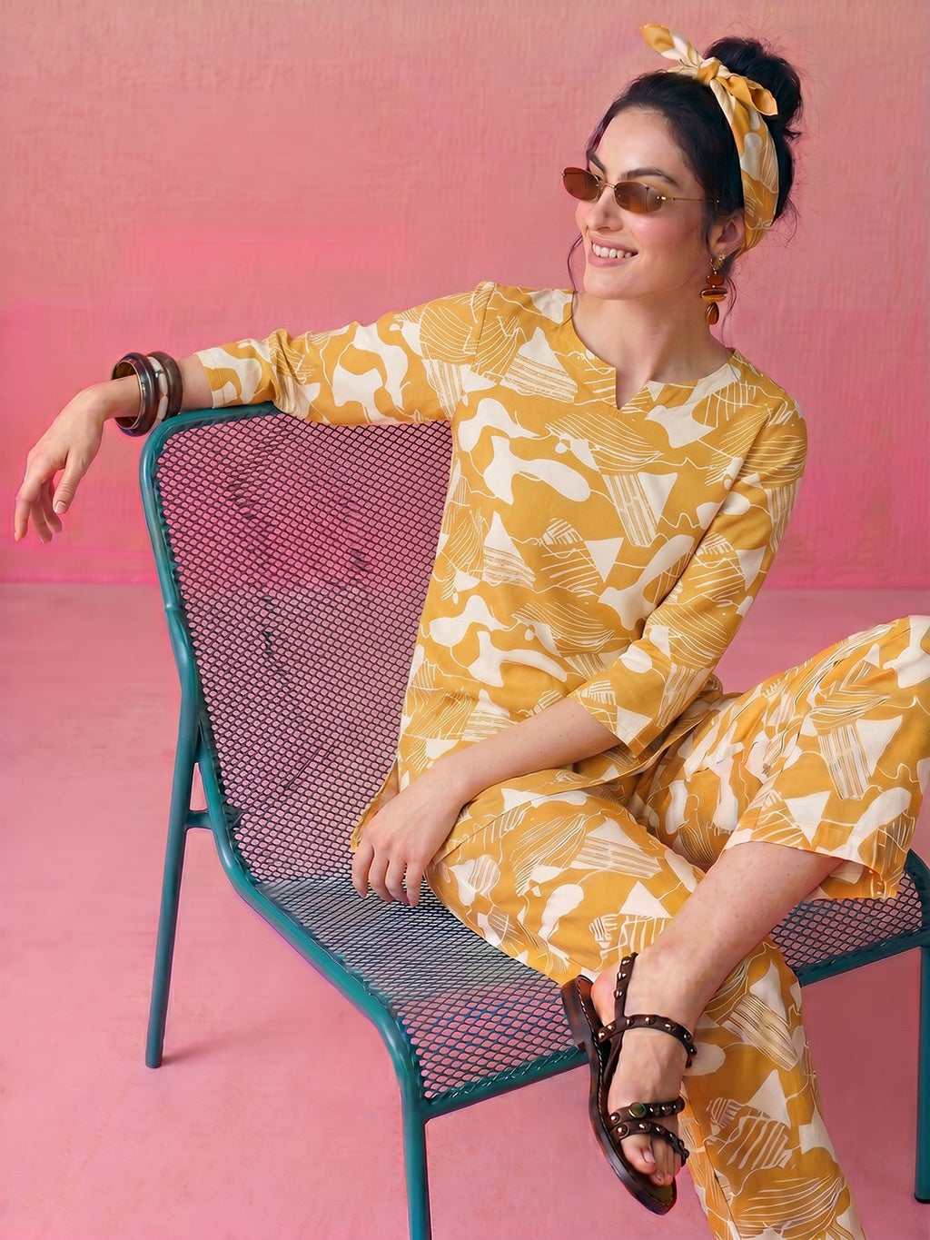 Janasya Mustard Straight Rayon Blend Pant Co-ord Sets | Grocsy