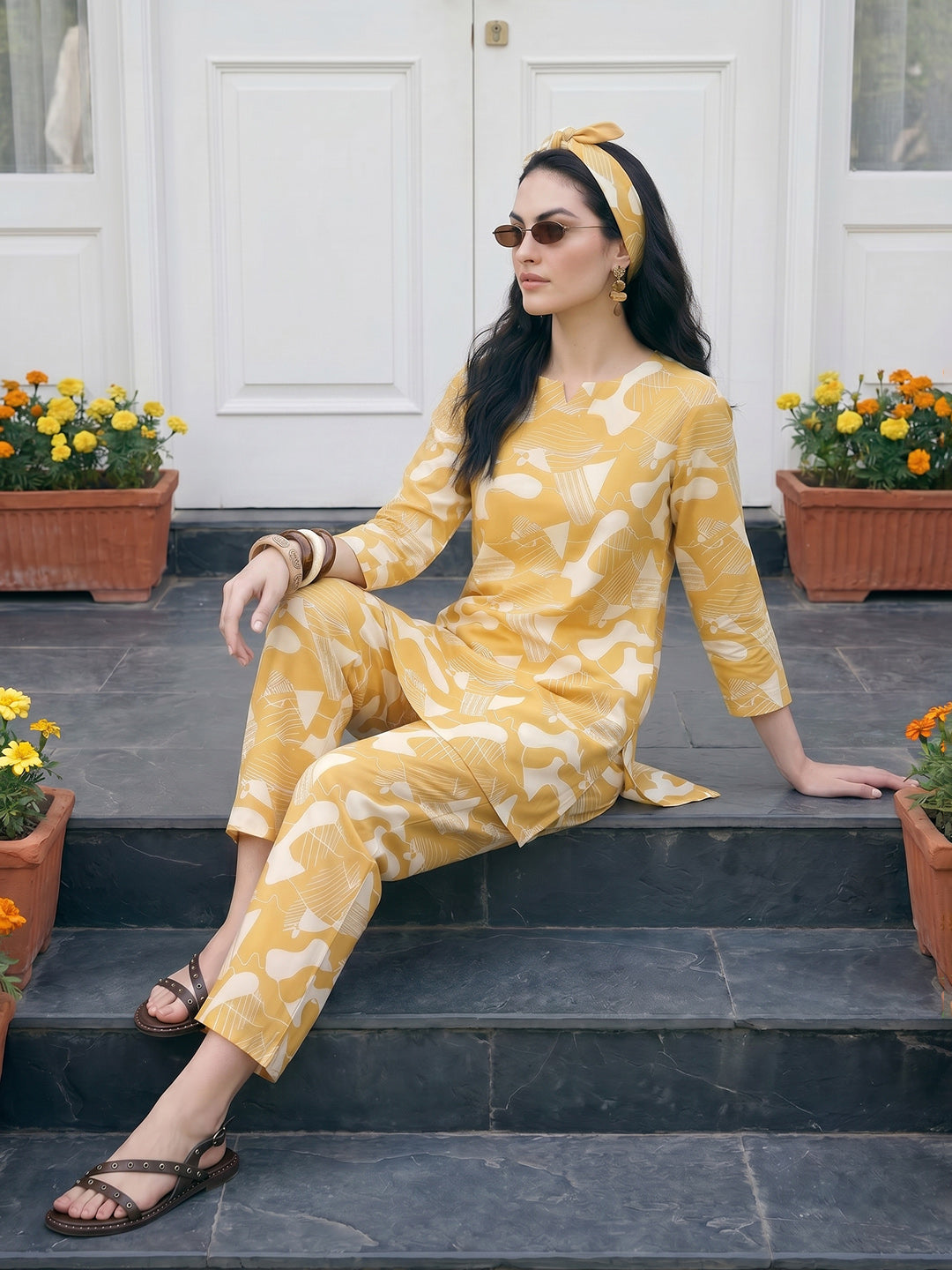 Janasya Mustard Straight Rayon Blend Pant Co-ord Sets | Grocsy