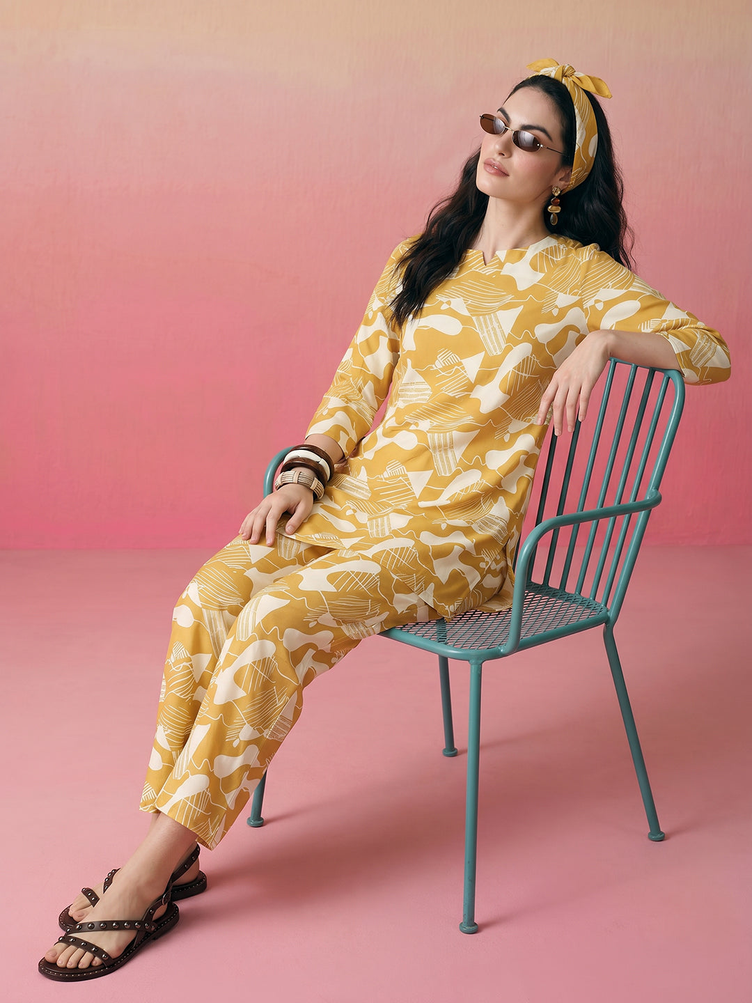 Janasya Mustard Straight Rayon Blend Pant Co-ord Sets | Grocsy
