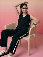 Janasya Black Straight Cotton Pant Co-ord Sets | Grocsy
