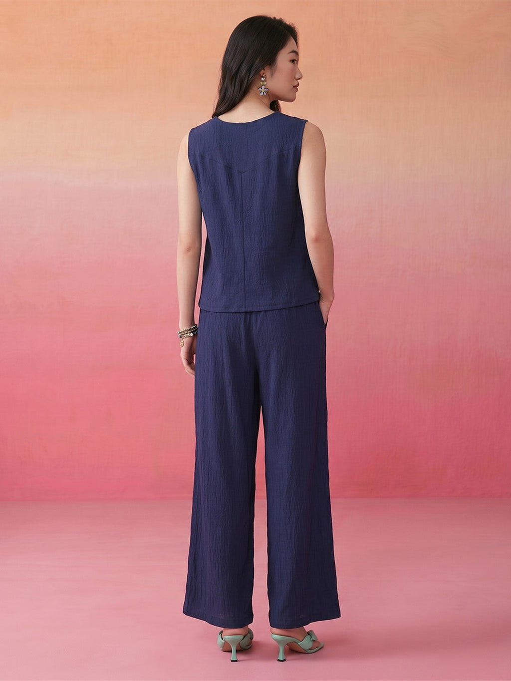 Janasya Navy Blue Straight Polyester Pant Co-ord Sets | Grocsy