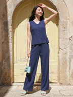 Janasya Navy Blue Straight Polyester Pant Co-ord Sets | Grocsy