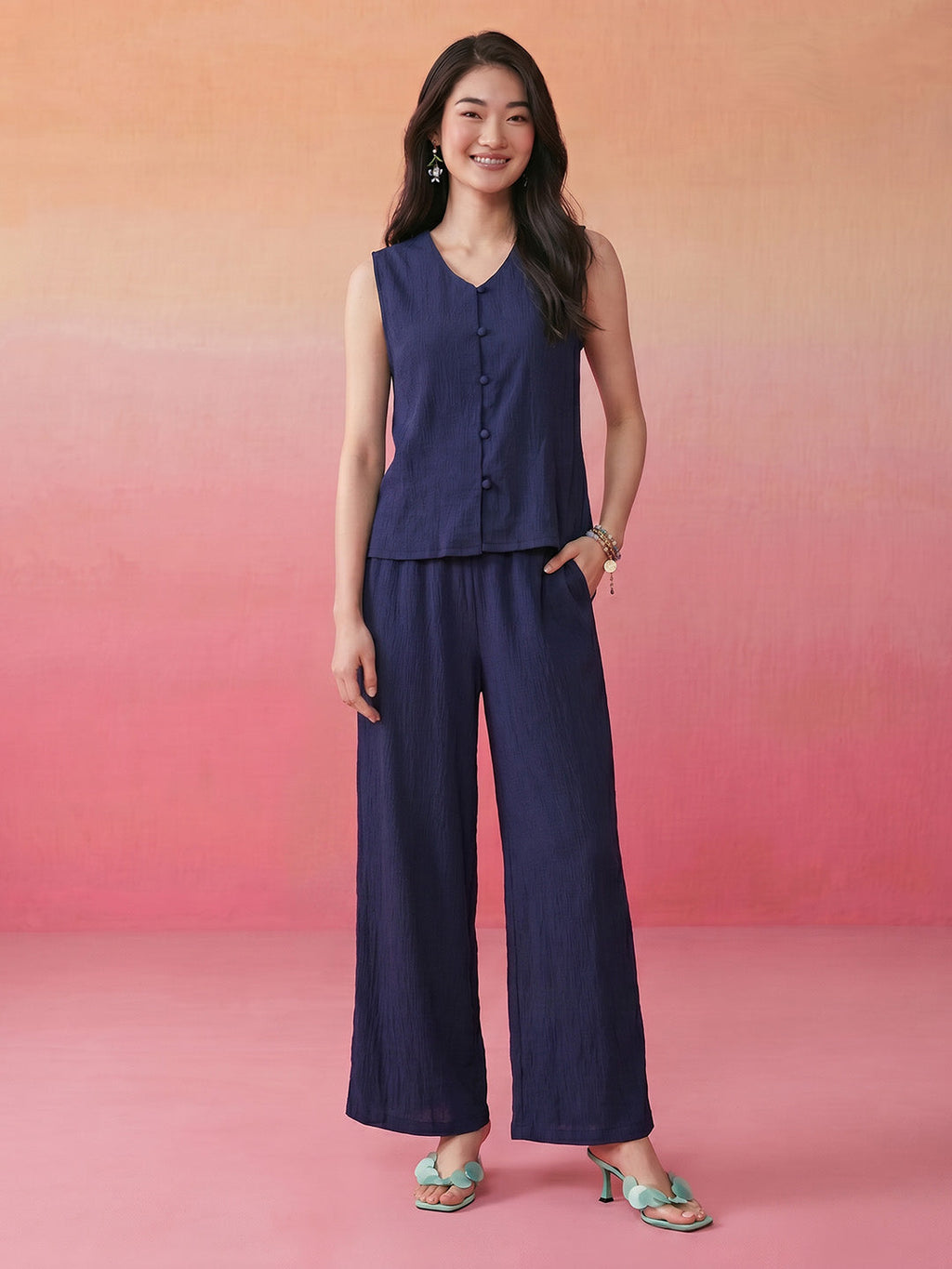 Janasya Navy Blue Straight Polyester Pant Co-ord Sets | Grocsy