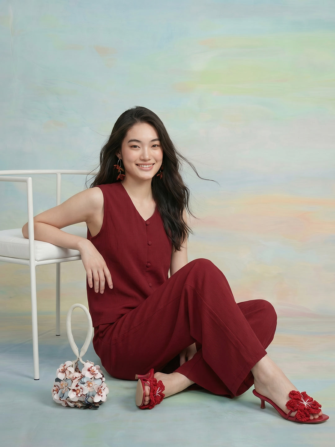 Janasya Maroon Straight Polyester Pant Co-ord Sets | Grocsy