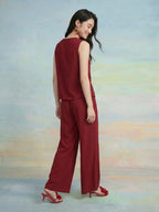 Janasya Maroon Straight Polyester Pant Co-ord Sets | Grocsy