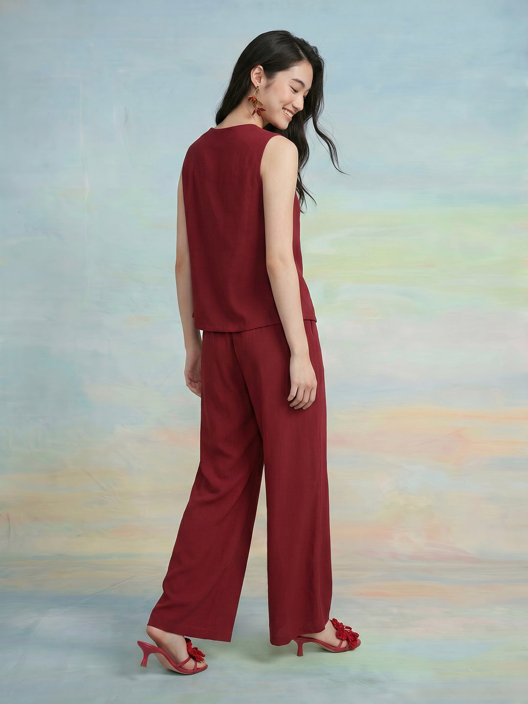 Janasya Maroon Straight Polyester Pant Co-ord Sets | Grocsy