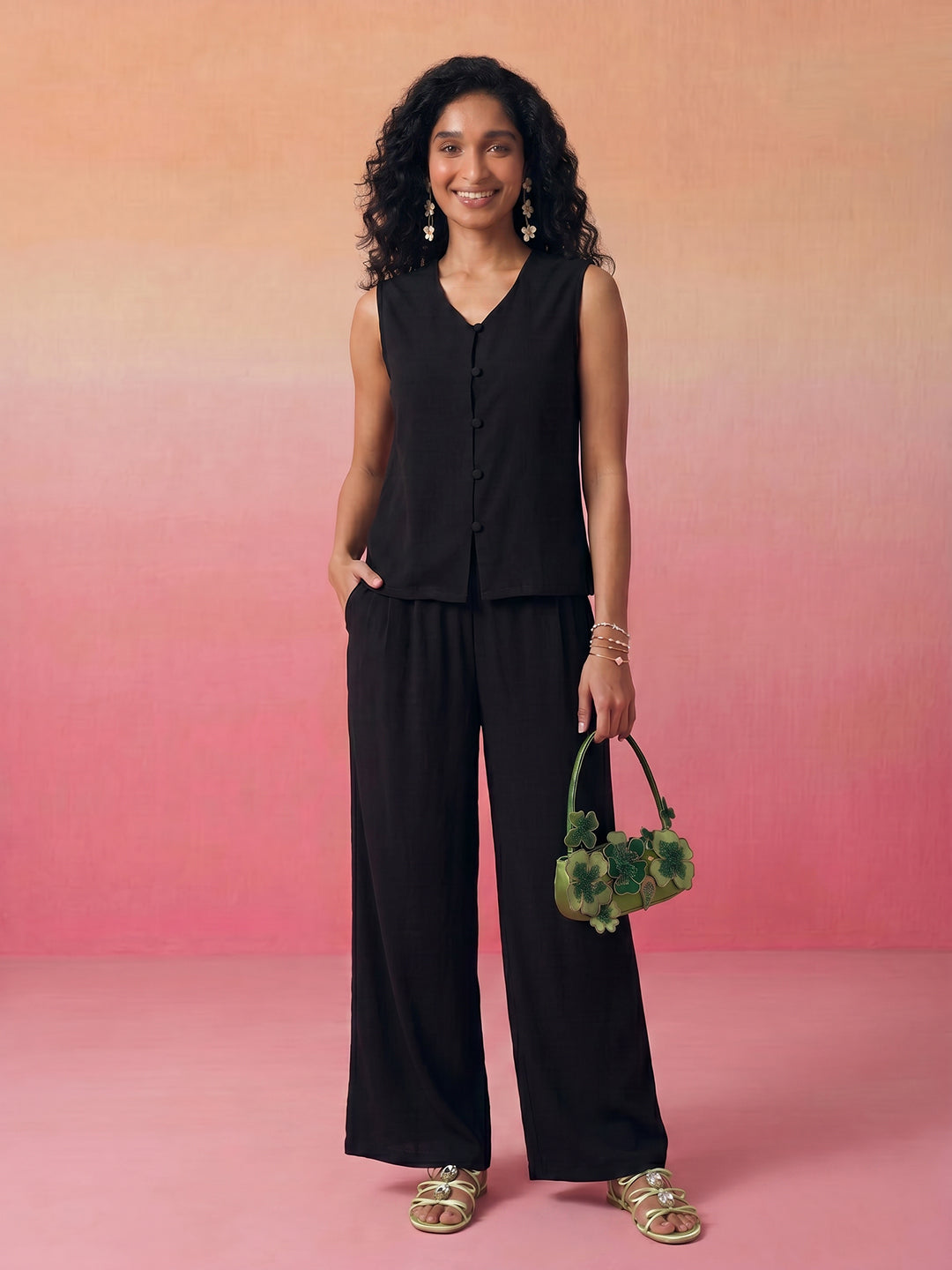 Janasya Black Straight Polyester Pant Co-ord Sets | Grocsy