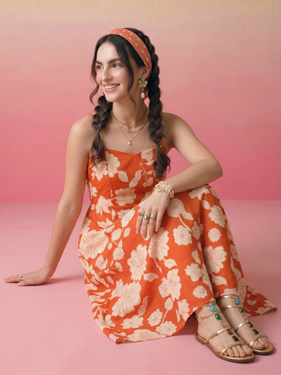 Janasya Orange Fit & Flare Cotton Dress | Grocsy