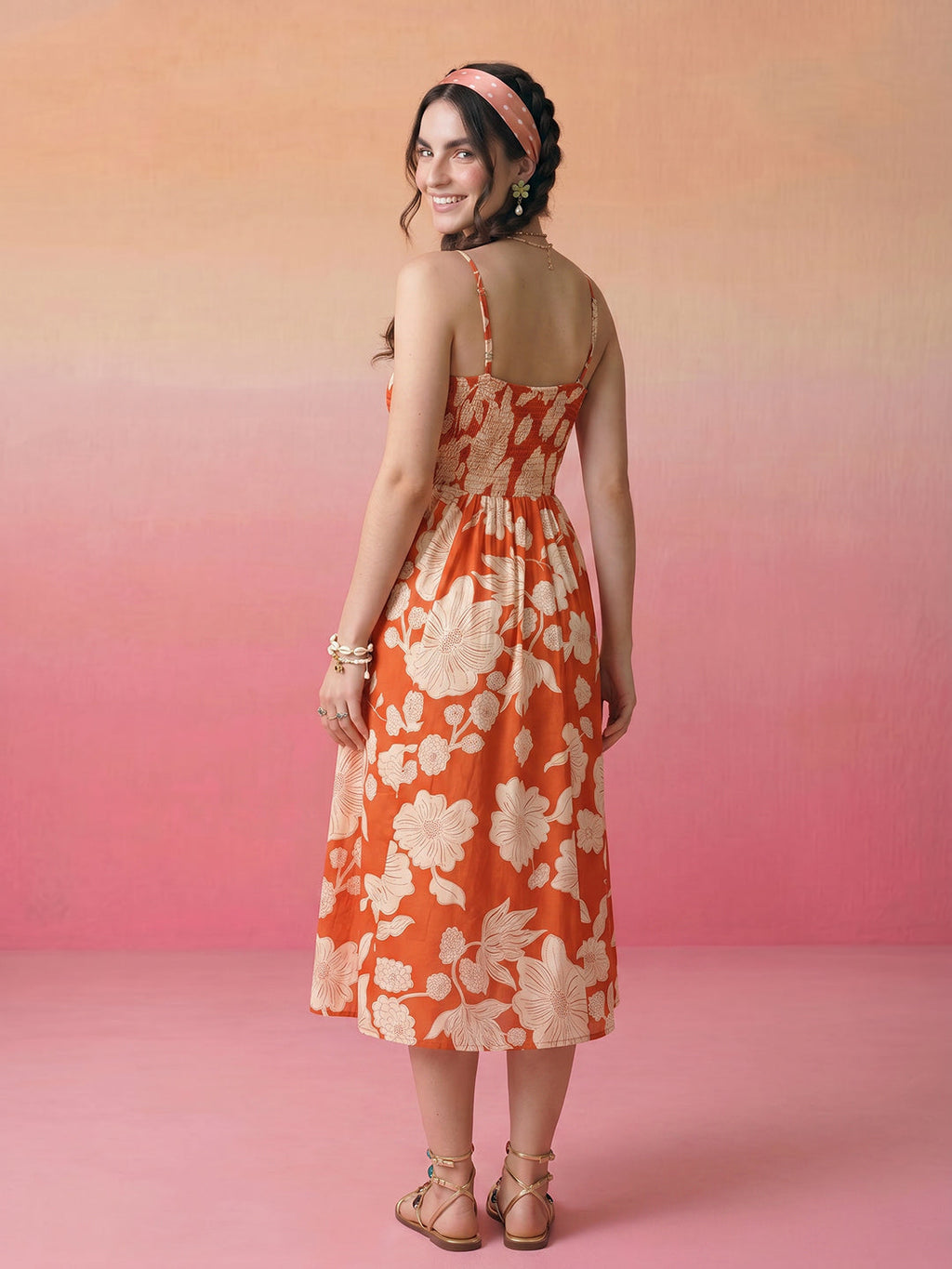 Janasya Orange Fit & Flare Cotton Dress | Grocsy