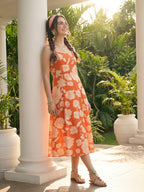 Janasya Orange Fit & Flare Cotton Dress | Grocsy