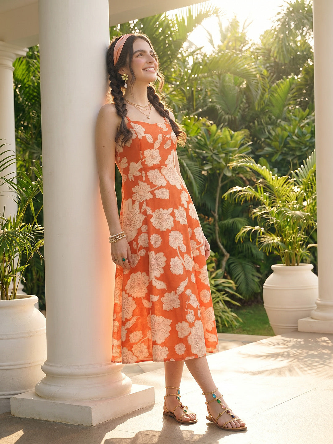 Janasya Orange Fit & Flare Cotton Dress | Grocsy