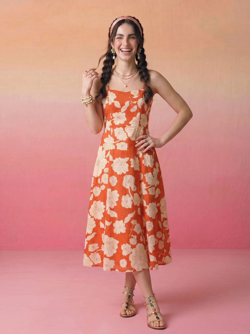 Janasya Orange Fit & Flare Cotton Dress | Grocsy
