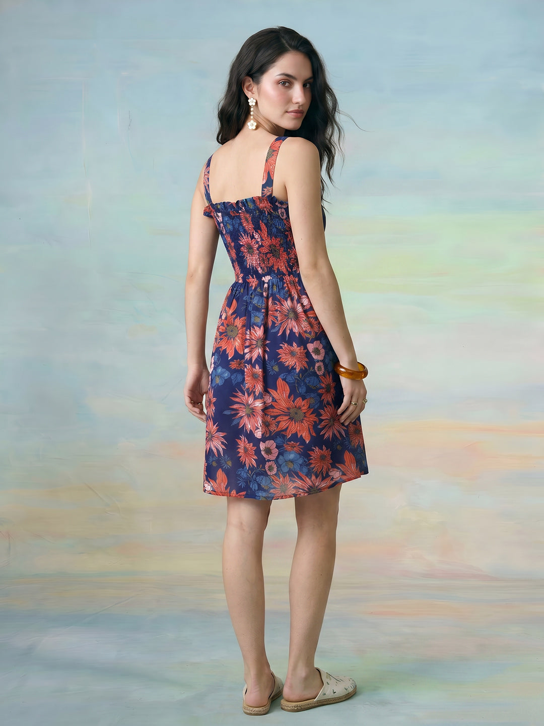 Janasya Blue Fit & Flare Cotton Dress | Grocsy