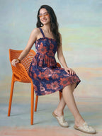 Janasya Blue Fit & Flare Cotton Dress | Grocsy