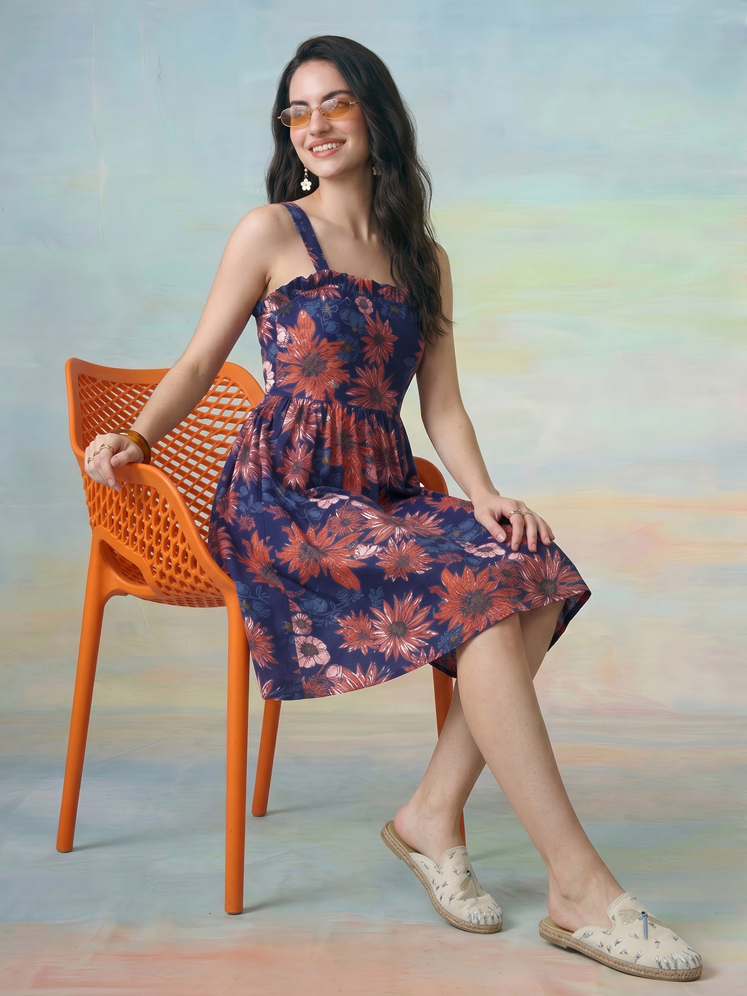 Janasya Blue Fit & Flare Cotton Dress | Grocsy