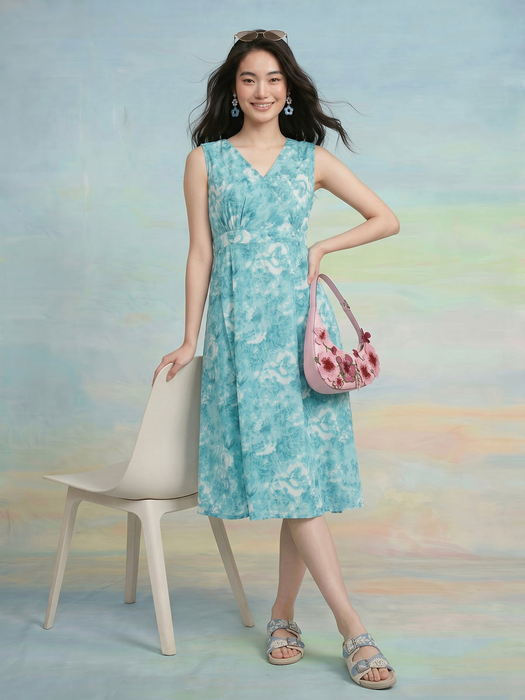 Janasya Sky Blue A-Line Cotton Dress | Grocsy
