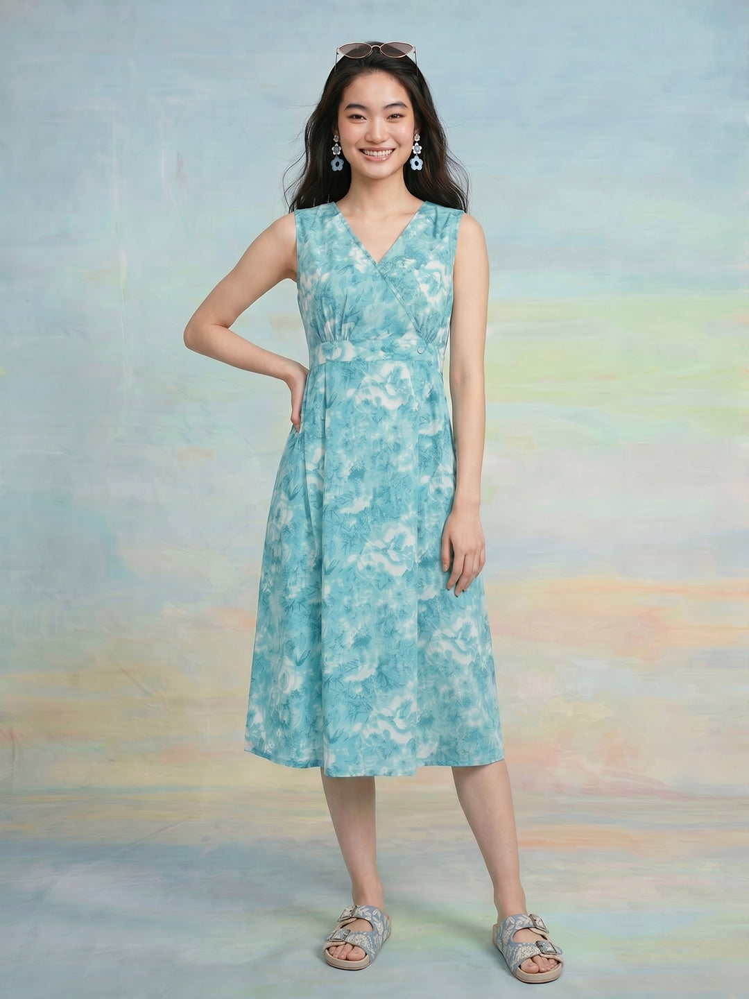 Janasya Sky Blue A-Line Cotton Dress | Grocsy