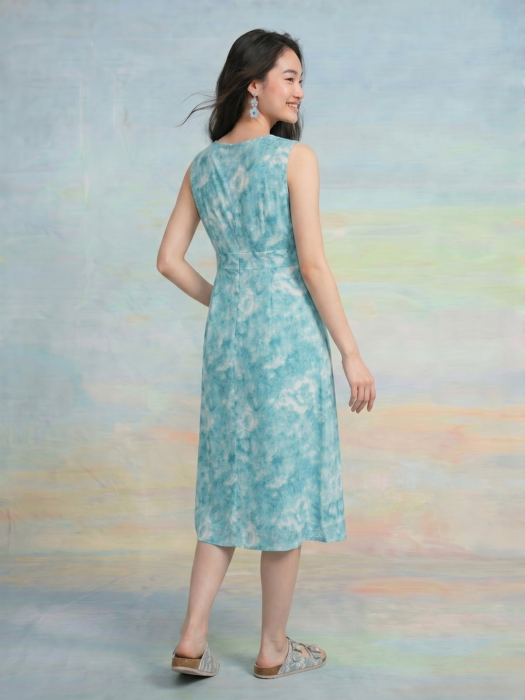 Janasya Sky Blue A-Line Cotton Dress | Grocsy