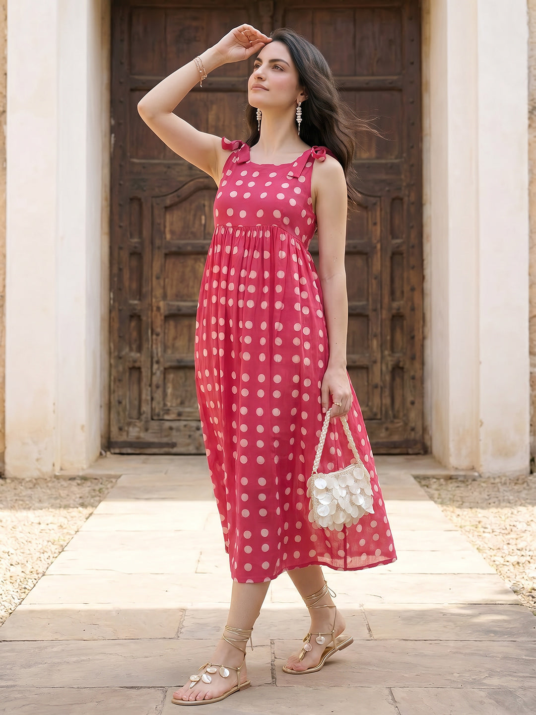 Janasya Pink A-Line Cotton Dress | Grocsy