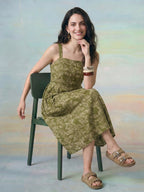 Janasya Olive A-Line Cotton Dress | Grocsy
