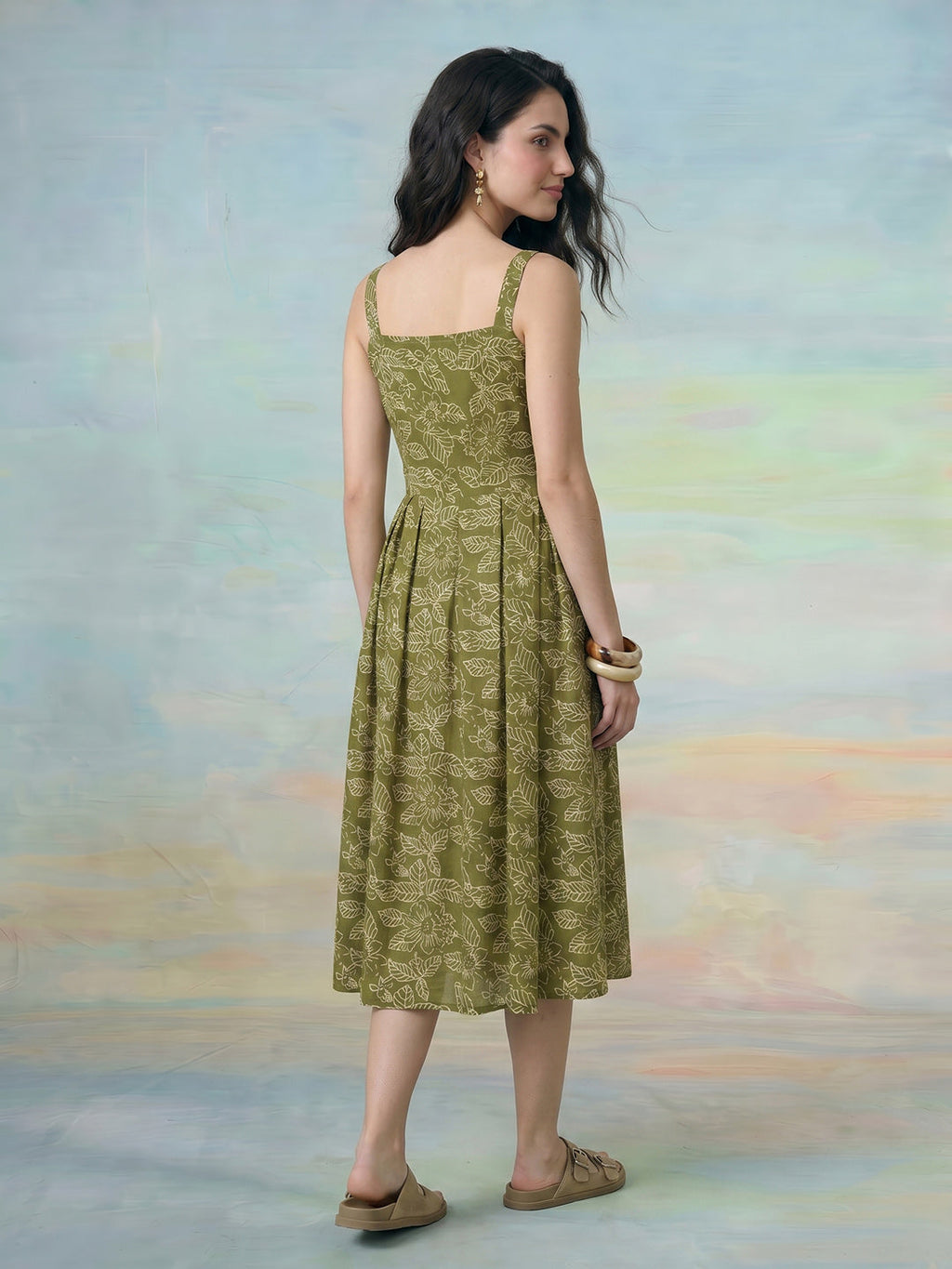 Janasya Olive A-Line Cotton Dress | Grocsy