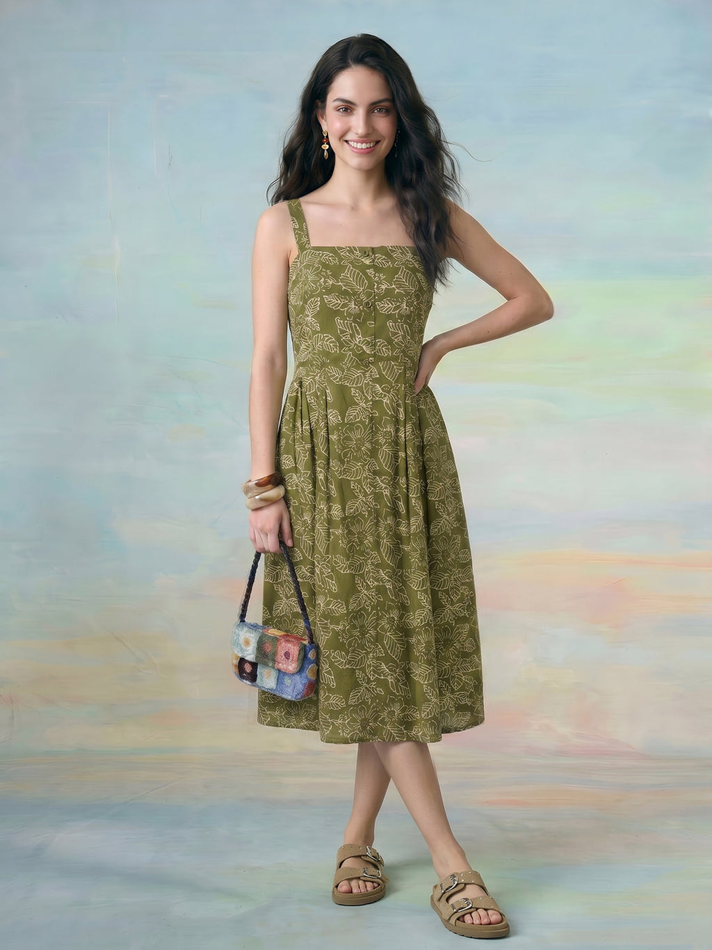 Janasya Olive A-Line Cotton Dress | Grocsy