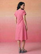 Janasya Pink A-Line Cotton Dress | Grocsy