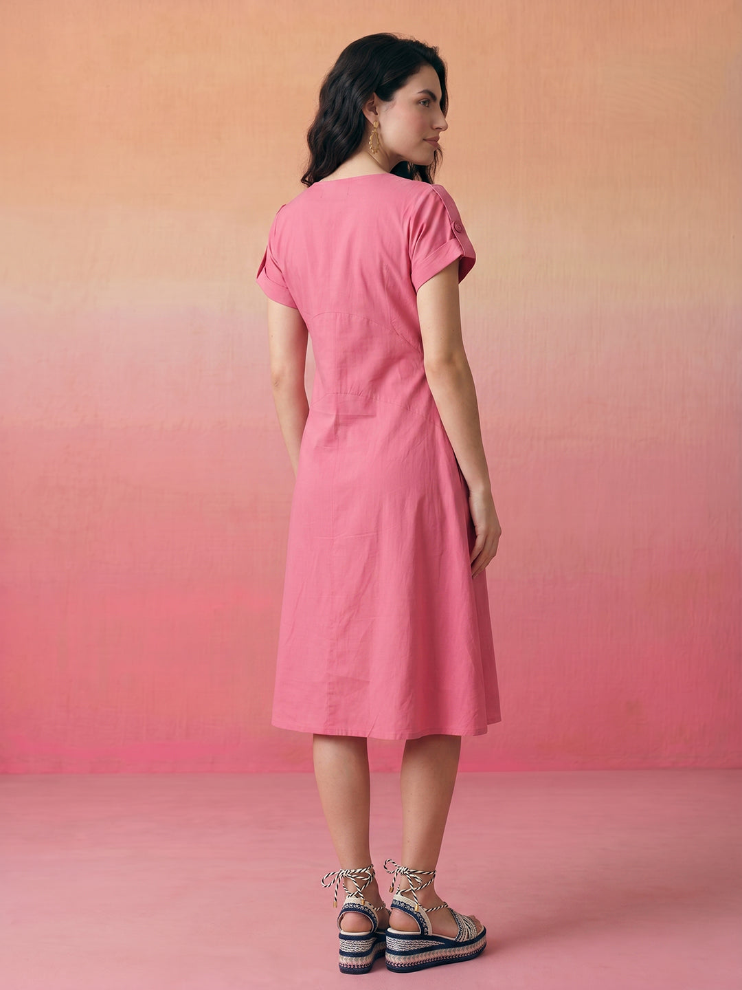 Janasya Pink A-Line Cotton Dress | Grocsy