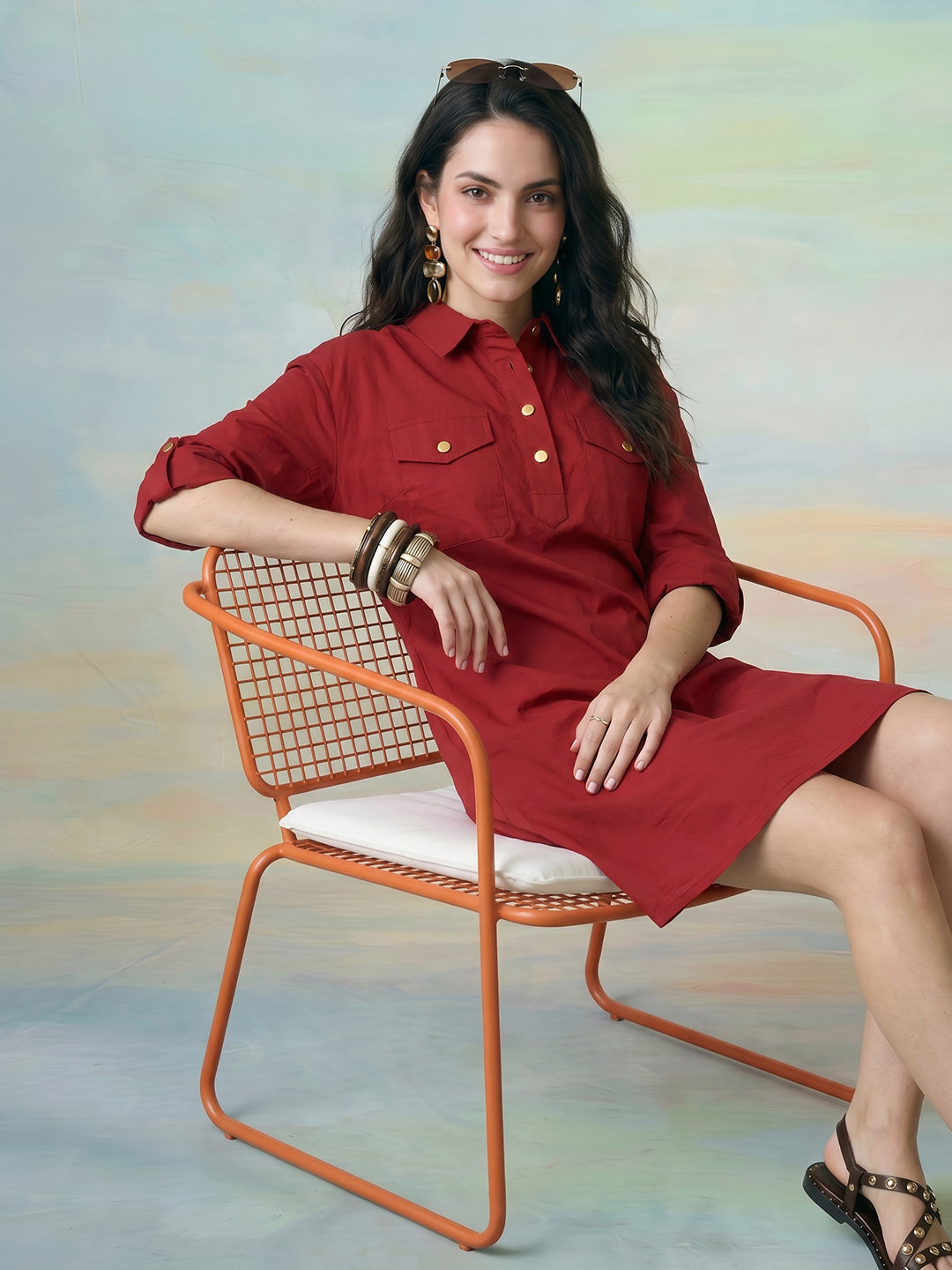 Janasya Maroon Shirt Dress Cotton Dress | Grocsy