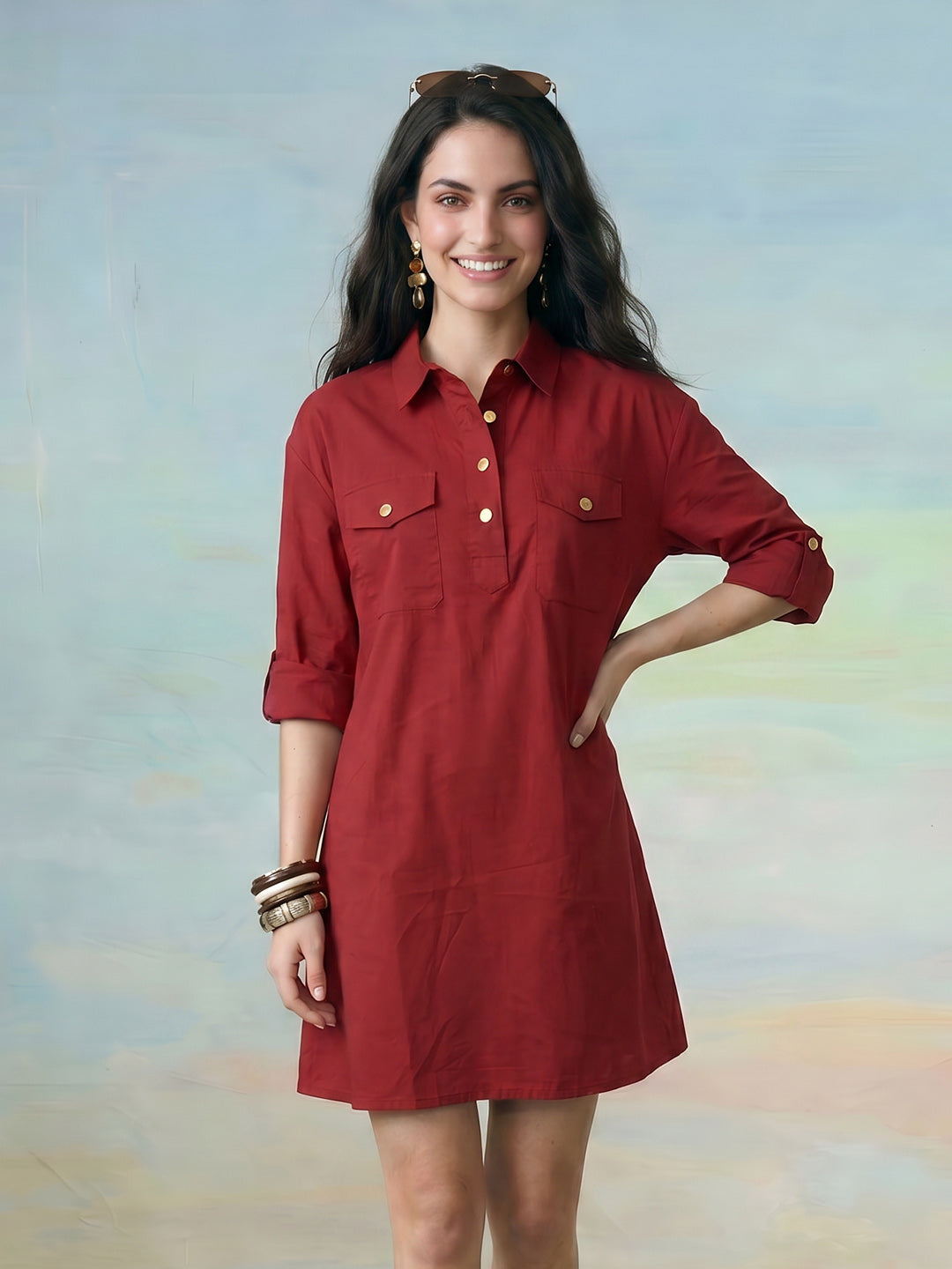 Janasya Maroon Shirt Dress Cotton Dress | Grocsy