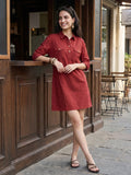 Janasya Maroon Shirt Dress Cotton Dress | Grocsy