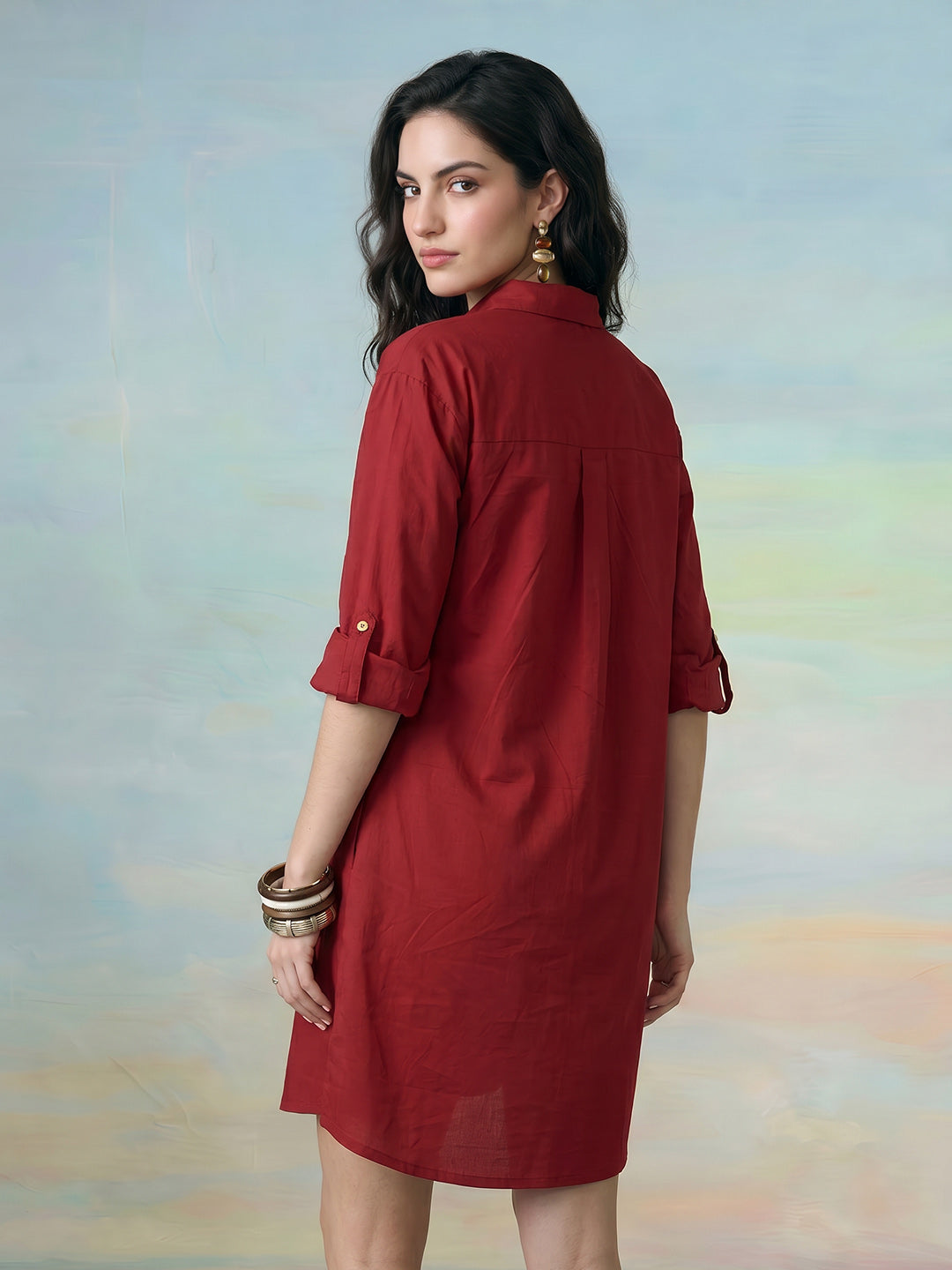 Janasya Maroon Shirt Dress Cotton Dress | Grocsy