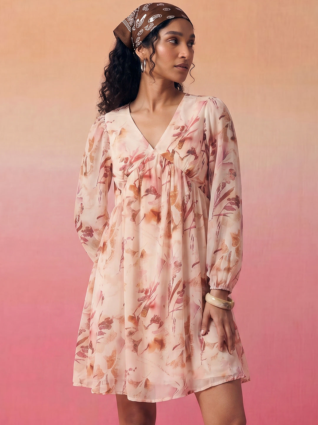 Janasya Peach A-Line Georgette Dress | Grocsy