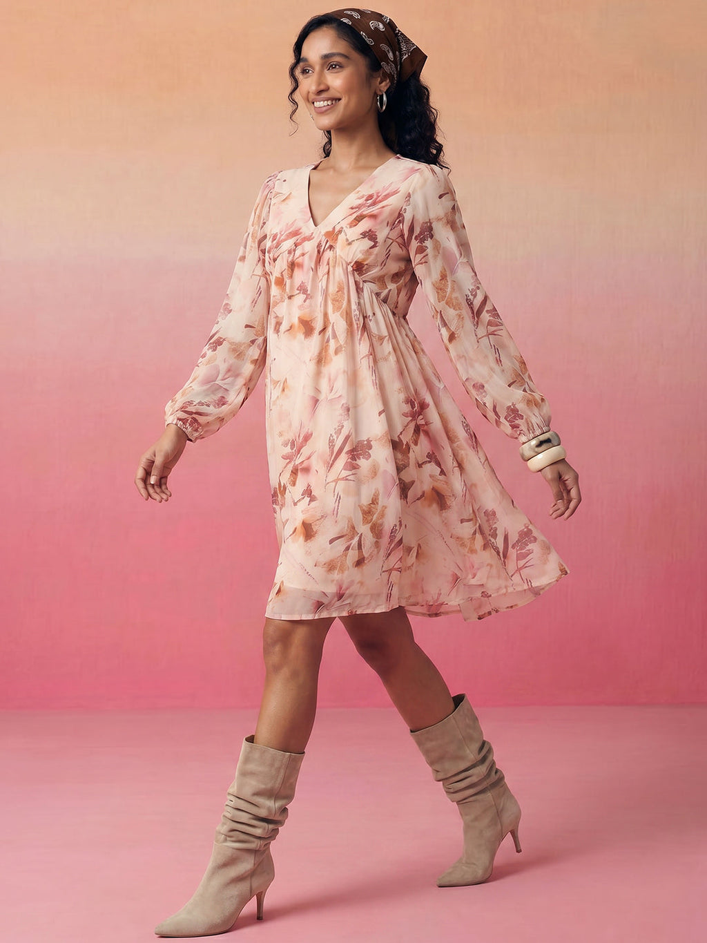 Janasya Peach A-Line Georgette Dress | Grocsy