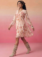 Janasya Peach A-Line Georgette Dress | Grocsy