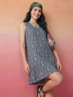 Janasya Blue A-Line Cotton Dress | Grocsy
